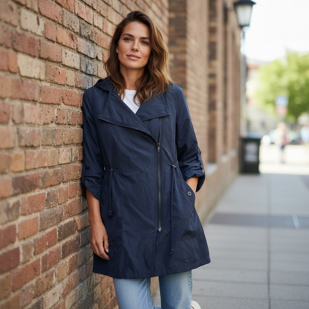 Free Heart Women Navy Blue Hooded Lightweight Zip Up Drawstring Jacket XS‎
